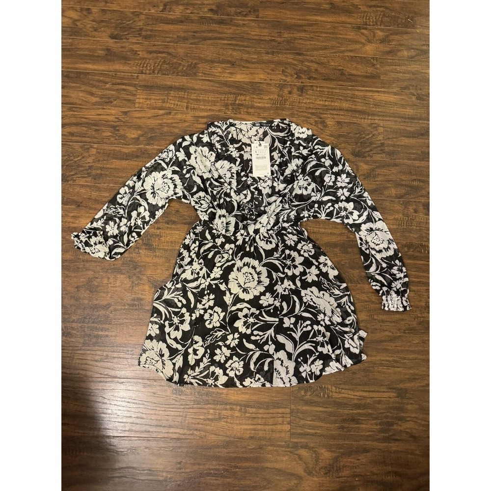 NWT Zara Floral Print Mini Dress with Ruffles in Black/White Monochrome Women S